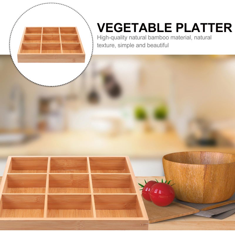 Cabilock 9-Compartments Wooden Divided Tray, Square Bamboo Serving Party Platter for Dry Fruits Snacks Candy and Dips, Space-Saving Shallow Drawer Organizer - Image 5