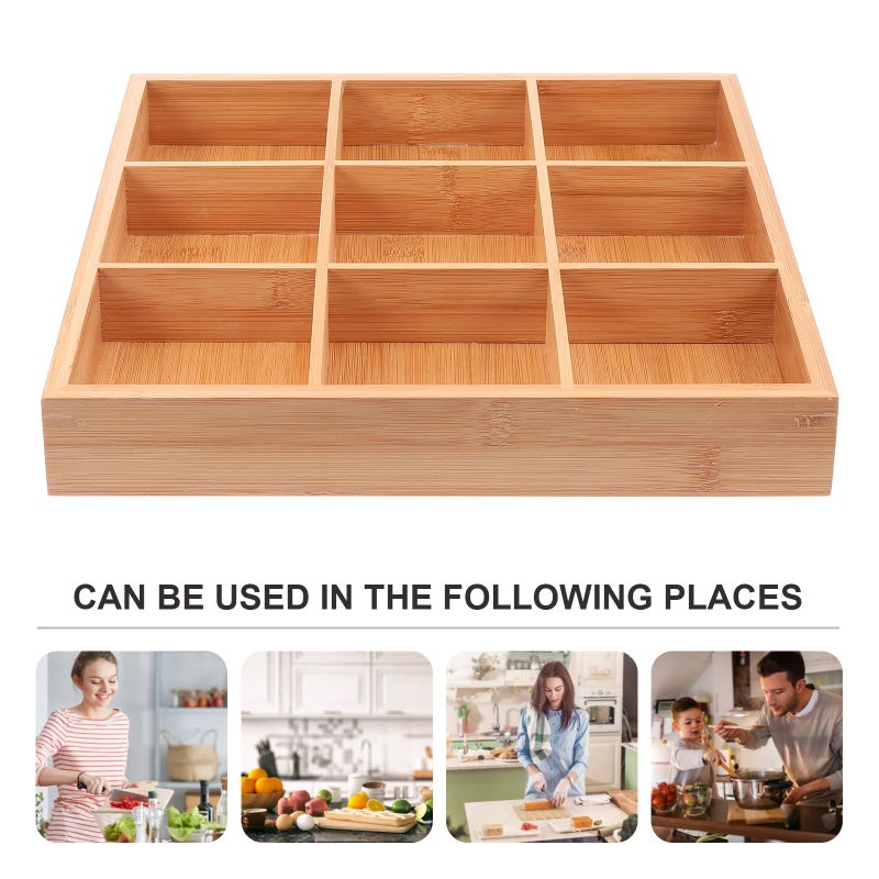 Cabilock 9-Compartments Wooden Divided Tray, Square Bamboo Serving Party Platter for Dry Fruits Snacks Candy and Dips, Space-Saving Shallow Drawer Organizer - Image 4