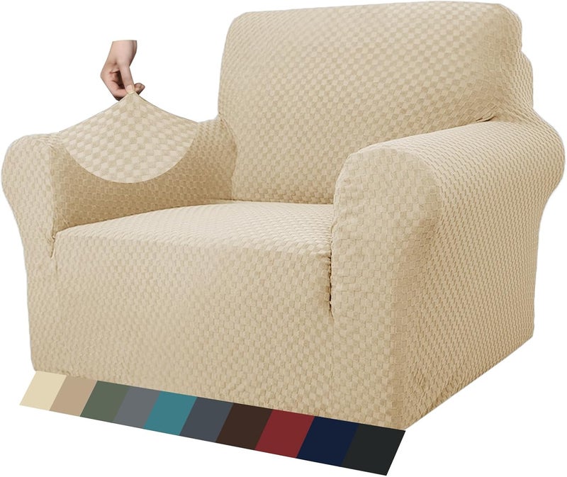 MAXIJIN Jacquard Chair Covers for Living Room, Super Stretch Non-Slip Chair Covers for Living Room, Slip on Chair Covers with Arms Chair Covers for Dogs and Pets (1 Seater, Light Beige) - Image 1