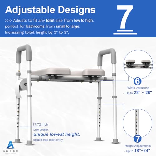 Agrish Raised Toilet Seat with Handles - Width & Height Adjustable Toilet Seat Risers for Seniors, Heavy Duty Handicap Toilet Riser, Fit Any Toilet, Up to 400lbs - Image 2