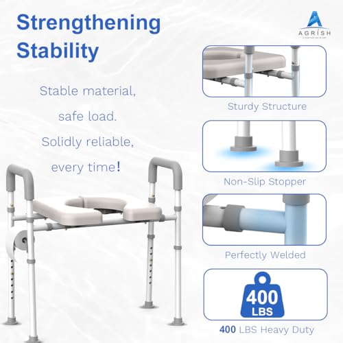 Agrish Raised Toilet Seat with Handles - Width & Height Adjustable Toilet Seat Risers for Seniors, Heavy Duty Handicap Toilet Riser, Fit Any Toilet, Up to 400lbs - Image 3