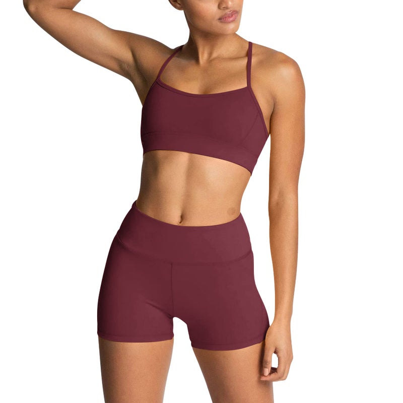 IWEMEK Workout Sets for Women 2 Piece Adjustable Cross Back Sport with High Waist Biker Shorts Exercise Gym Yoga Outfits Burgundy Small - Image 2
