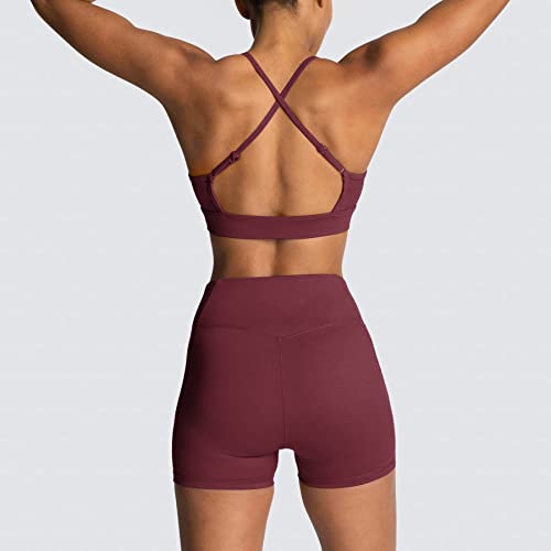 IWEMEK Workout Sets for Women 2 Piece Adjustable Cross Back Sport with High Waist Biker Shorts Exercise Gym Yoga Outfits Burgundy Small - Image 3