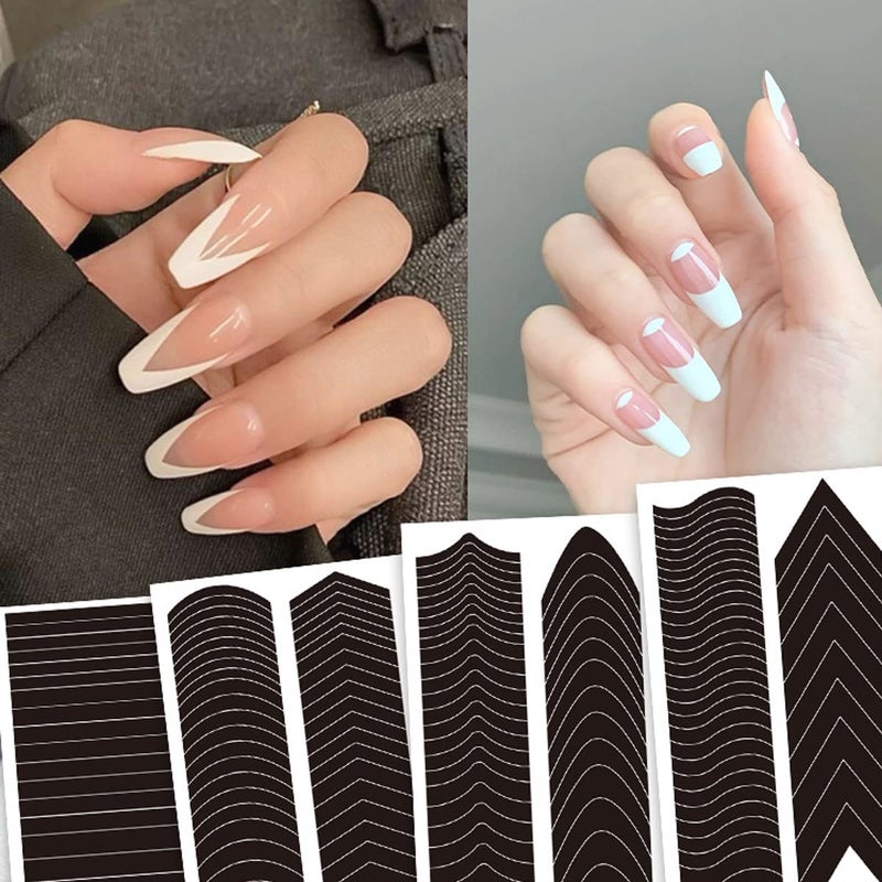 6 Pcs French Manicure Edge Auxiliary Nail Sticker Wavy Line 3D Self Adhesive DIY Template Nail Art Accessories for Designer Nail DecorationFrench Tip VShaped Stencils Fringe Nail Art Decals Tools