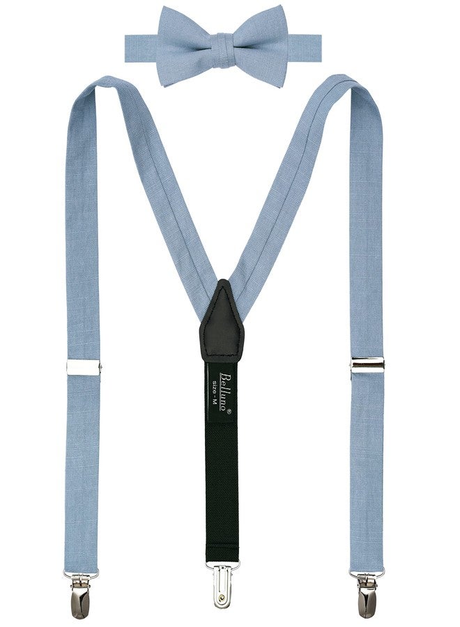 BELLUNO Dusty Blue Pre-tied Bow Tie and Suspenders Set, Cotton and Linen, Toddlers and Boys - Image 1