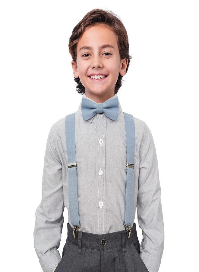 BELLUNO Dusty Blue Pre-tied Bow Tie and Suspenders Set, Cotton and Linen, Toddlers and Boys - Image 2