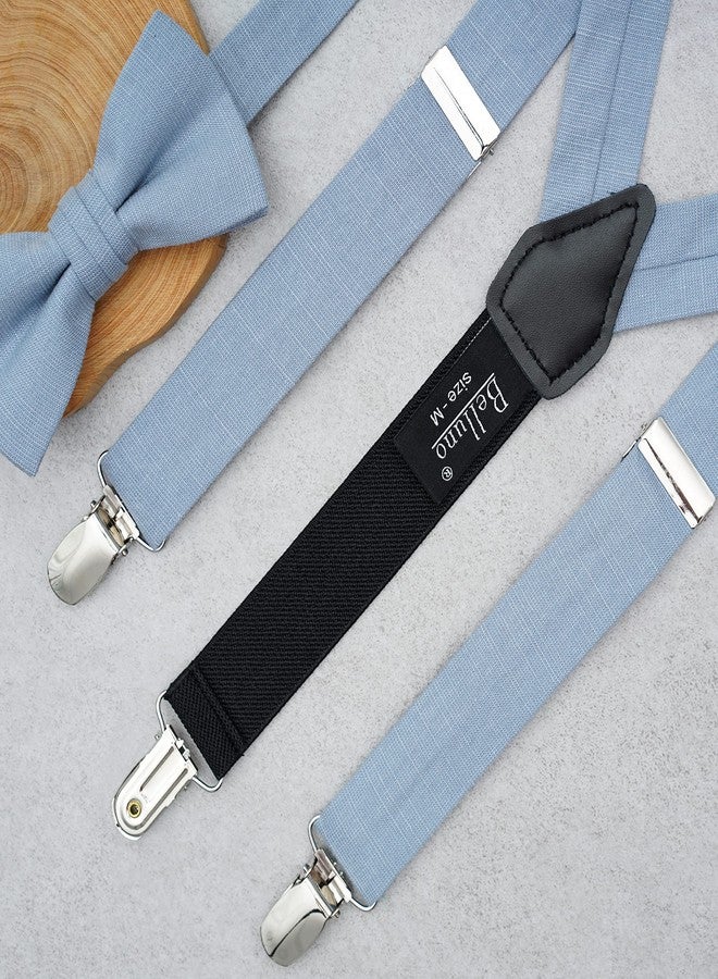 BELLUNO Dusty Blue Pre-tied Bow Tie and Suspenders Set, Cotton and Linen, Toddlers and Boys - Image 3