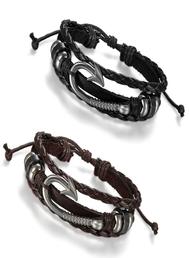 Aroncent Leather Fish Hook Bracelet: 2PCS Nylon Braided Wrap Rope Wristband Nautical Bracelets for Men Women - Image 1