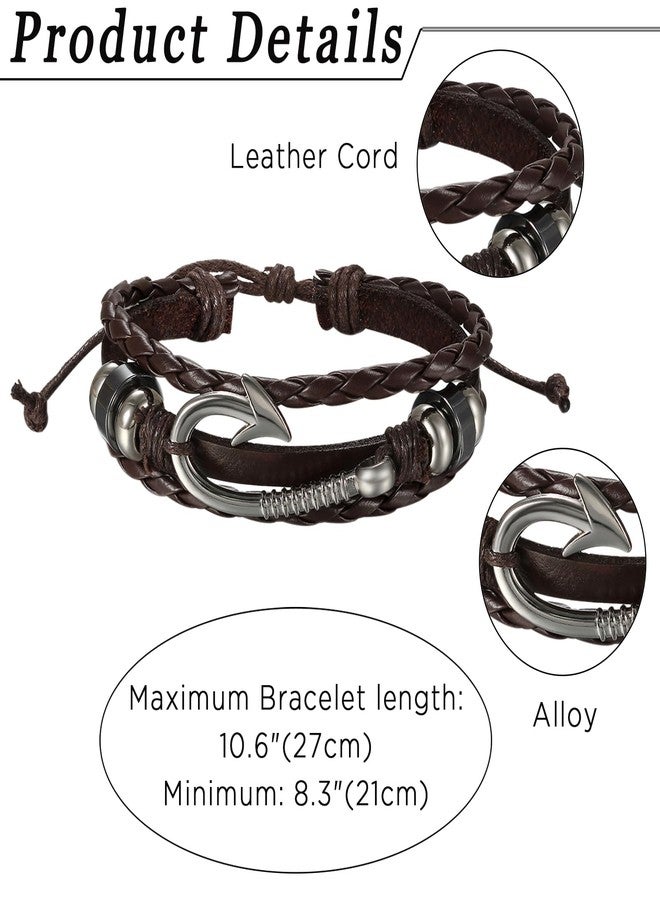 Aroncent Leather Fish Hook Bracelet: 2PCS Nylon Braided Wrap Rope Wristband Nautical Bracelets for Men Women - Image 2