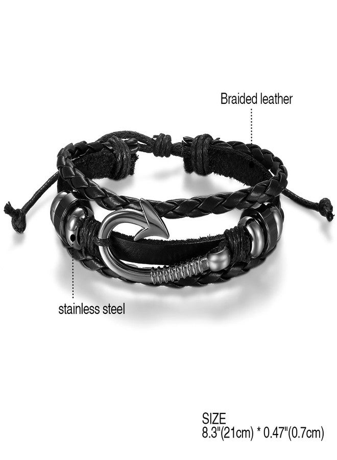 Aroncent Leather Fish Hook Bracelet: 2PCS Nylon Braided Wrap Rope Wristband Nautical Bracelets for Men Women - Image 3