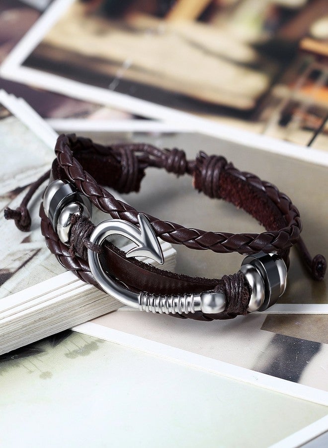 Aroncent Leather Fish Hook Bracelet: 2PCS Nylon Braided Wrap Rope Wristband Nautical Bracelets for Men Women - Image 4