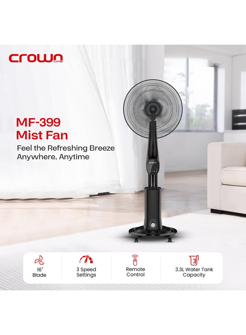 Crownline 16-Inch Water Spray Mist Fan, 90W Power, 3.3L Tank, 3 Cooling Modes, 7H Timer, Remote Control, Anionic Function, Built-in Caster Wheels – Ideal for Home & Office 3.3 L 90 W MF-399 Black - Image 2