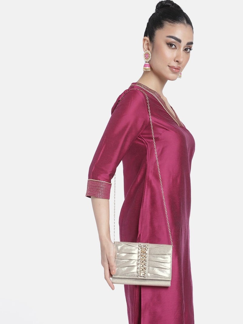 Peora Clutch Women's Purse Bridal Bag For Casual Detachable Strap Evening Sling Bag (Gold)-C53G - Image 4
