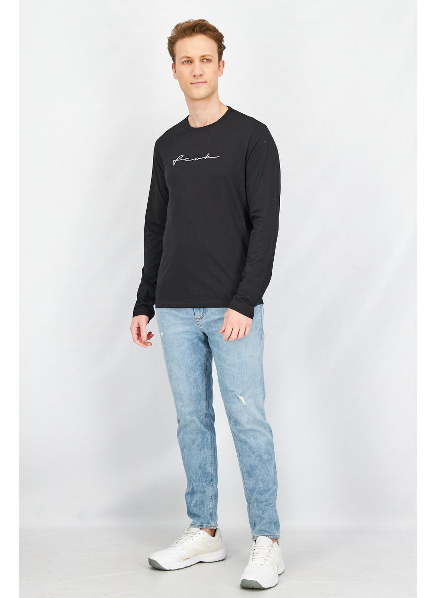 French Connection Men Crew Neck Long Sleeves Embroidered T-Shirt, Black  - Image 3