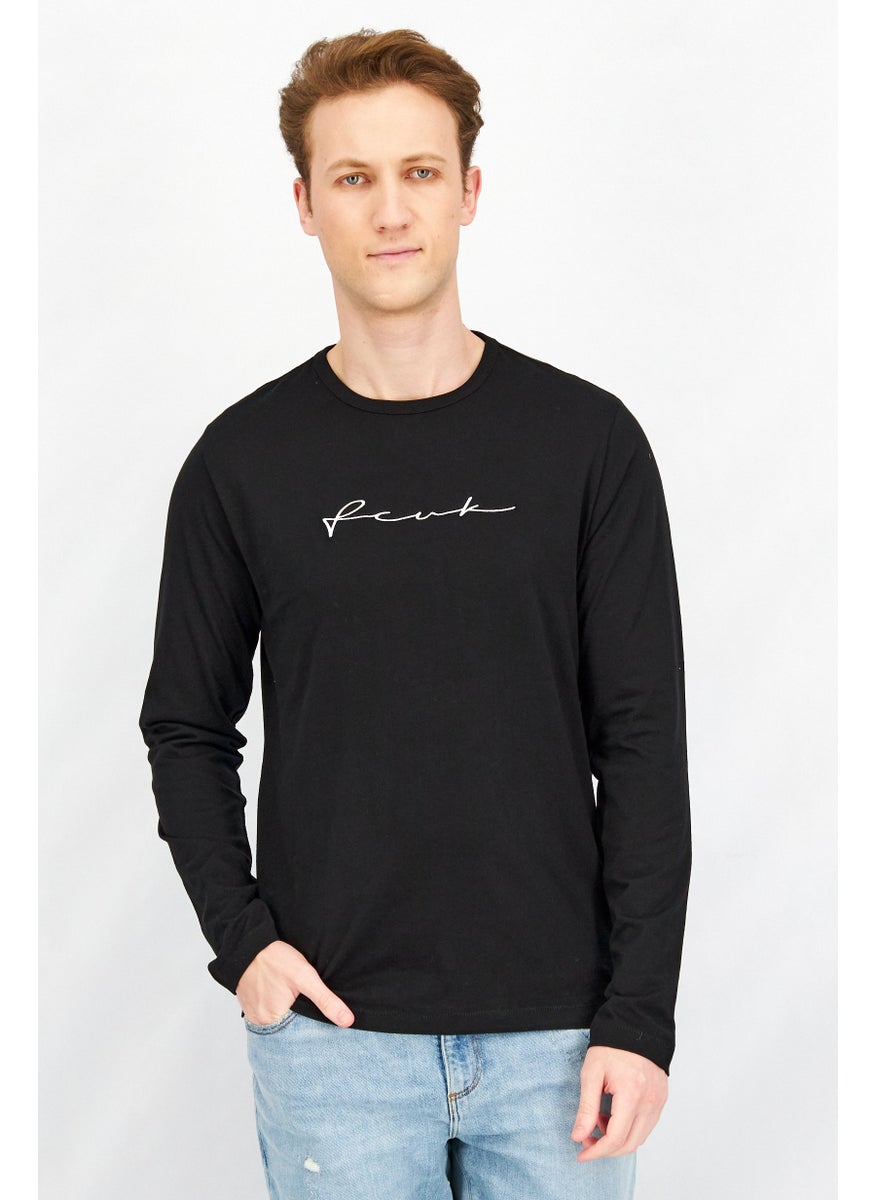 French Connection Men Crew Neck Long Sleeves Embroidered T-Shirt, Black  - Image 1