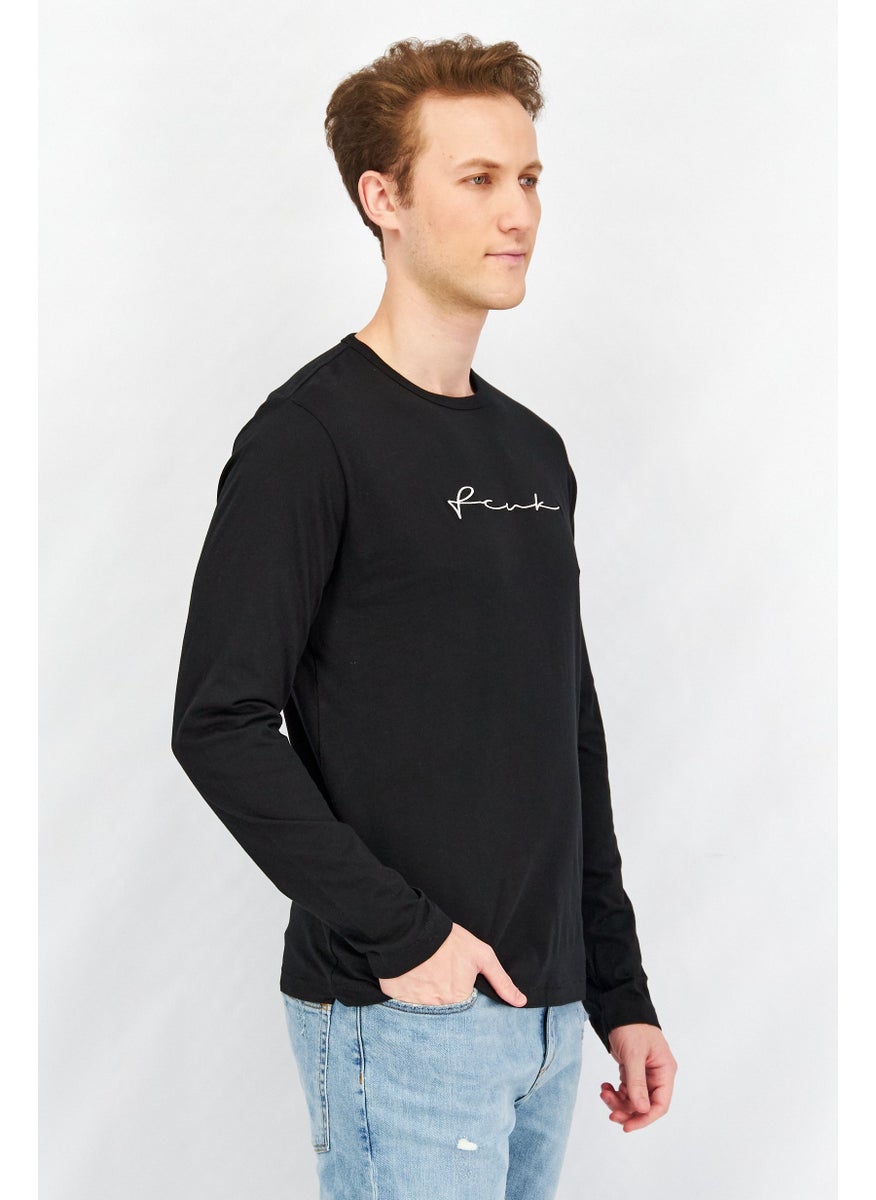 French Connection Men Crew Neck Long Sleeves Embroidered T-Shirt, Black  - Image 2