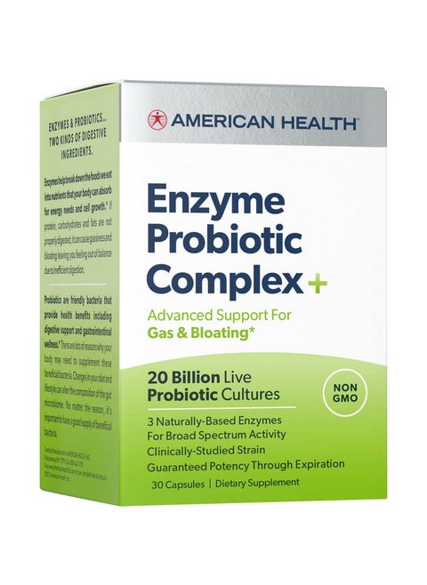 Enzyme Probiotic Complex Plus 20 Billion Microorganisms Clinically Studied Strain Advanced Support For Gas & Bloating* Nongmo 30 Capsules 30 Total Servings