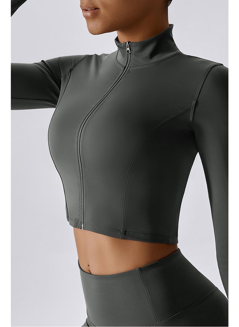 KAWN.YOGA Womens Fitted Cropped High-Neck Jacket - Image 1