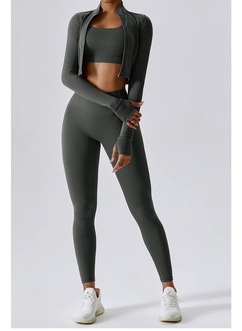 Kawn.yoga Charcoal Grey Womens Fitted Cropped High-Neck Jacket for Women | Best Price UAE