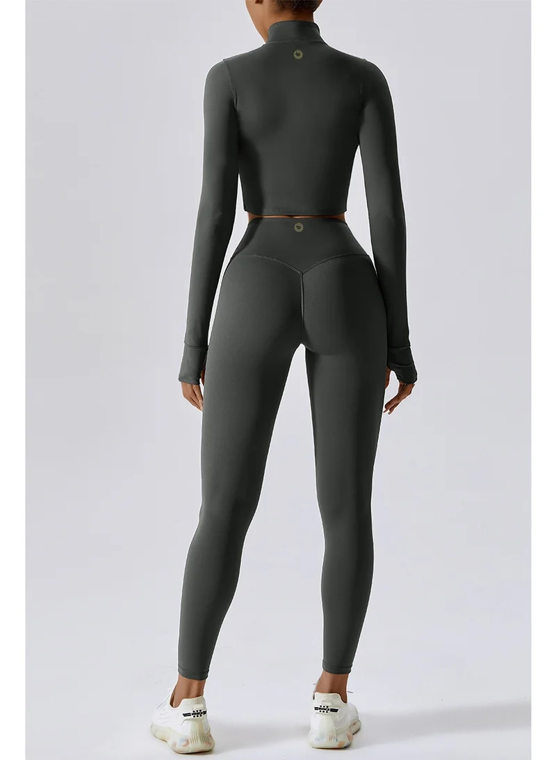 Kawn.yoga Charcoal Grey Womens Fitted Cropped High-Neck Jacket for Women | Best Price UAE