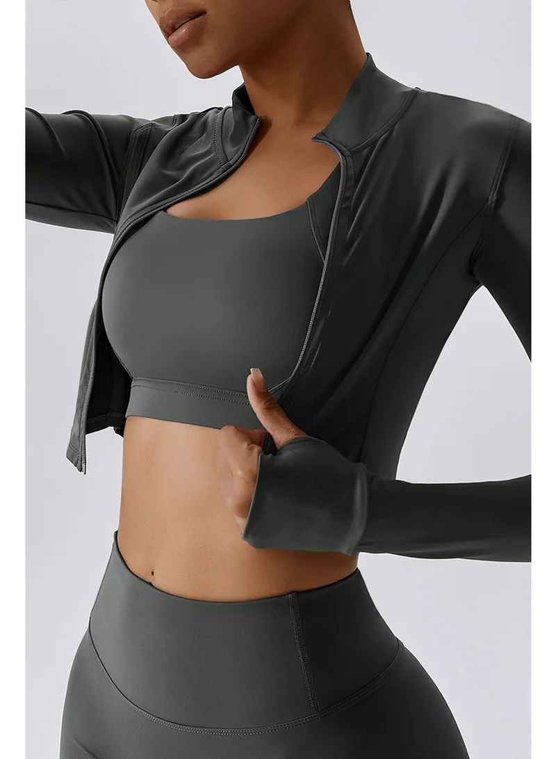 Kawn.yoga Charcoal Grey Womens Fitted Cropped High-Neck Jacket for Women | Best Price UAE