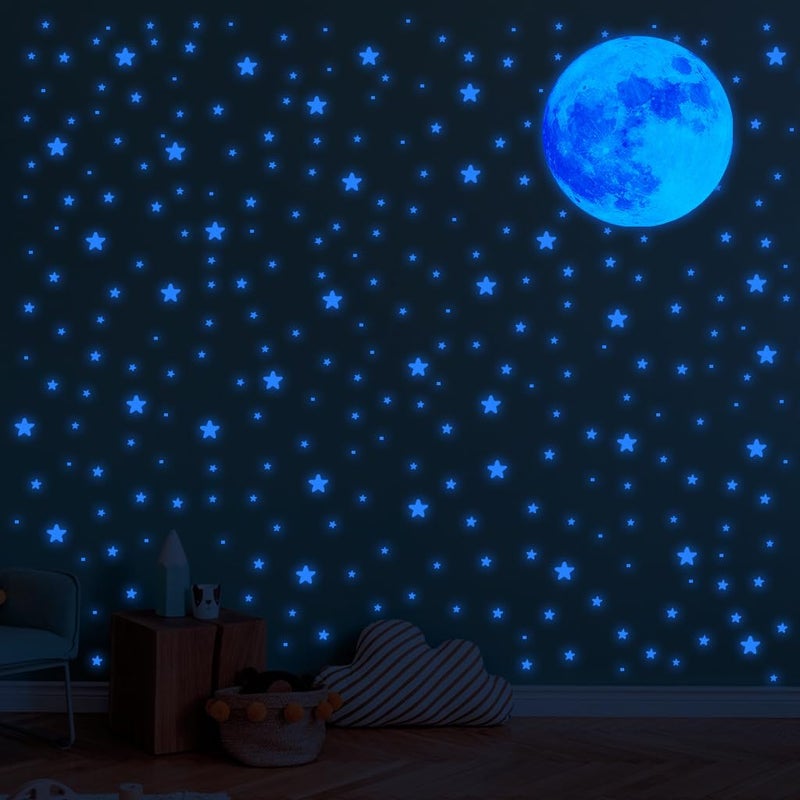 JZS Glow in The Dark Stars Wall Sticker, Removable Adhesive Bright and Realistic Stars and Full Moon Stickers, Shining Decoration for Kids Bedroom (Blue) - Image 1