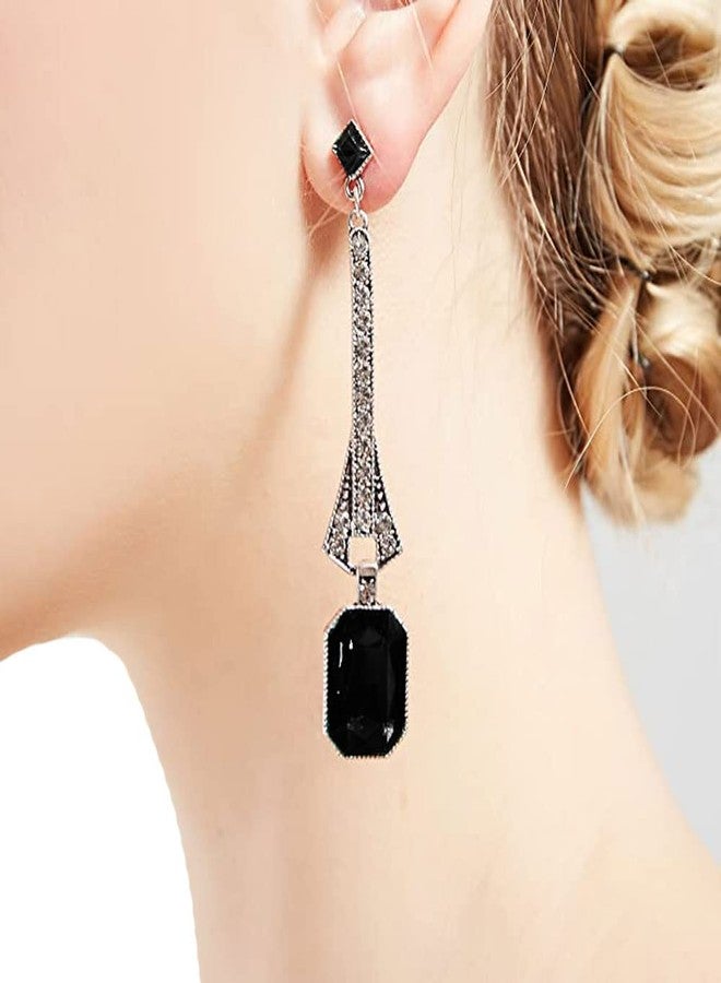 Secret for Longevity Art Deco Antique Vintage Flapper Style Jet Black Onyx Rhinestone Extra Long Dangle Earrings - Image 2