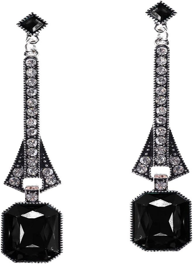 Secret for Longevity Art Deco Antique Vintage Flapper Style Jet Black Onyx Rhinestone Extra Long Dangle Earrings - Image 1