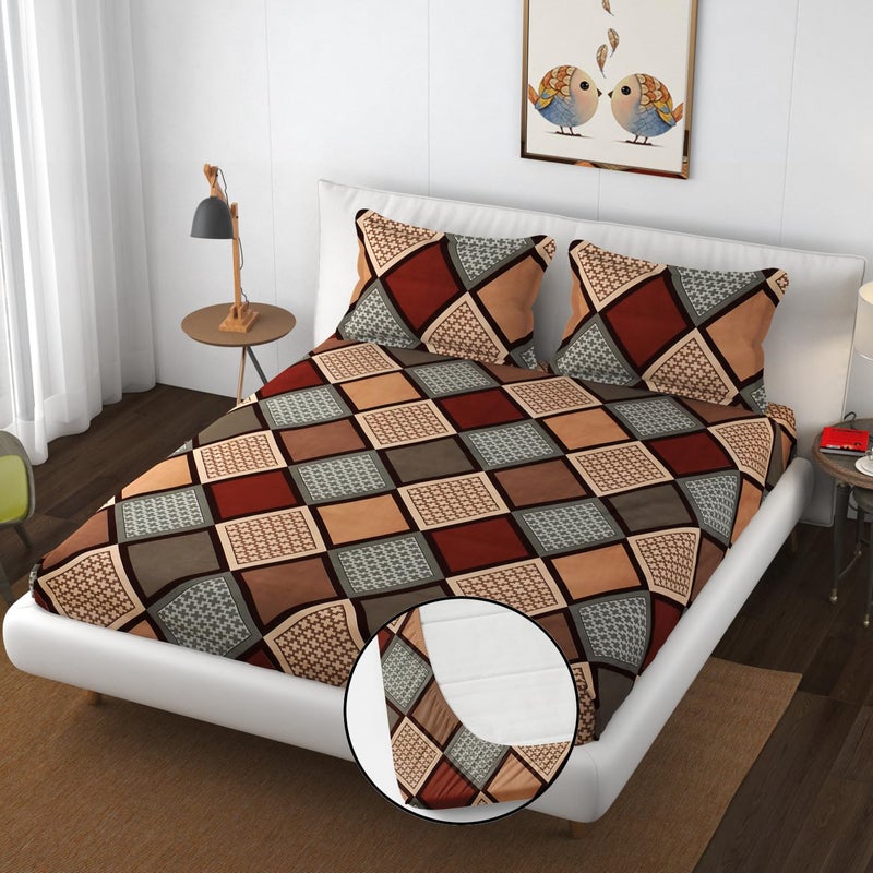 Stylish Threads Stylish Threads Premium Heavy Cotton Elastic Fitted Bedsheets with 2 King Size Pillow Covers Double Bed with All Around Elastic 350 TC 72 x 78 Inch King Size Fitted Brown Multi Box 