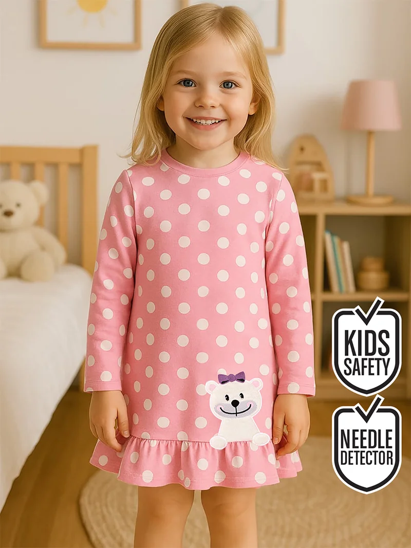 Denokids Teddy Bear Baby Girl Dotted Pink Dress