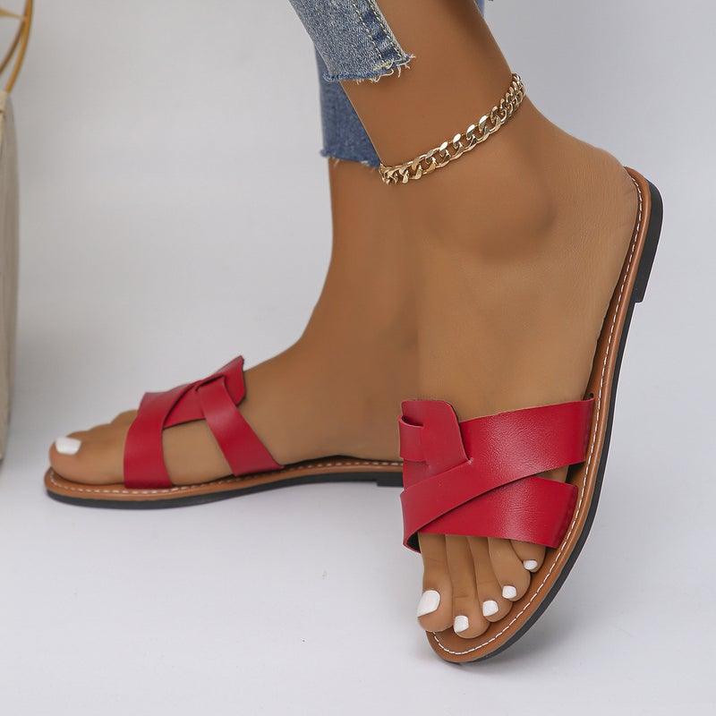 Plus Size Slippers Women'S 2024 Summer Flat Open Toe Slippers Retro Style Outdoor Beach Slippers - Image 1