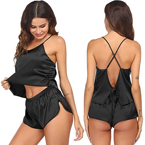 Ekouaer Silk Pajamas Set for Women Satin Backless Lingerie Pjs Cami Top and Shorts Nightwear Black - Image 1
