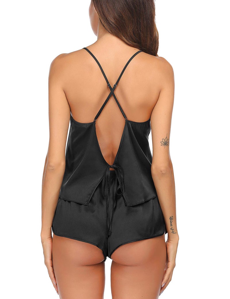 Ekouaer Silk Pajamas Set for Women Satin Backless Lingerie Pjs Cami Top and Shorts Nightwear Black - Image 5