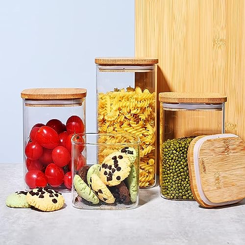 bellemax 1200 ML Square Glass Food Storage Containers with Airtight Bamboo Lid, Thickened Coffee Storage Jars for Home Kitchen, Pantry Tea, Spices, Snack (SQ-1200ML, Set of 6) - Image 3