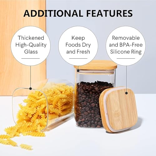 bellemax 1200 ML Square Glass Food Storage Containers with Airtight Bamboo Lid, Thickened Coffee Storage Jars for Home Kitchen, Pantry Tea, Spices, Snack (SQ-1200ML, Set of 6) - Image 4
