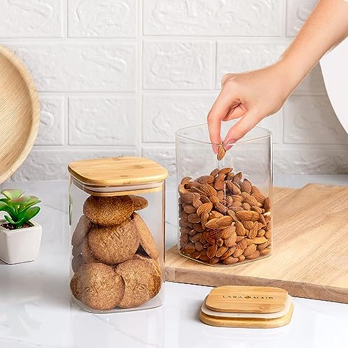 bellemax 1200 ML Square Glass Food Storage Containers with Airtight Bamboo Lid, Thickened Coffee Storage Jars for Home Kitchen, Pantry Tea, Spices, Snack (SQ-1200ML, Set of 6) - Image 2