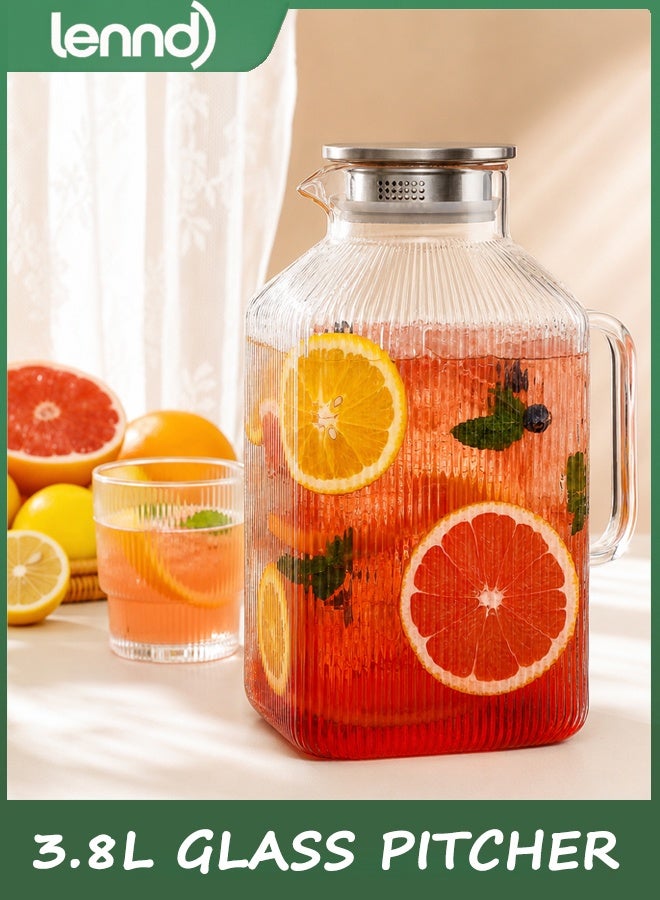 LENND 3.8L thickened Square Glass Pitcher with Lid, Classic Stripes Water Pitchers for Fridge, Borosilicate Glass Carafe for Hot/Cold Brew Drink, Extra Large Jug with Handle for Iced Tea, Coffee, Juice - Image 1