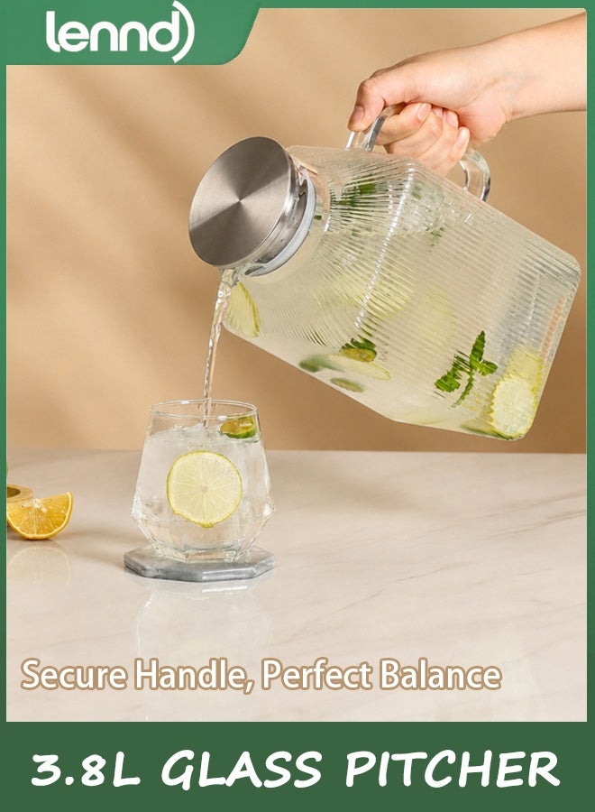 LENND 3.8L thickened Square Glass Pitcher with Lid, Classic Stripes Water Pitchers for Fridge, Borosilicate Glass Carafe for Hot/Cold Brew Drink, Extra Large Jug with Handle for Iced Tea, Coffee, Juice - Image 3