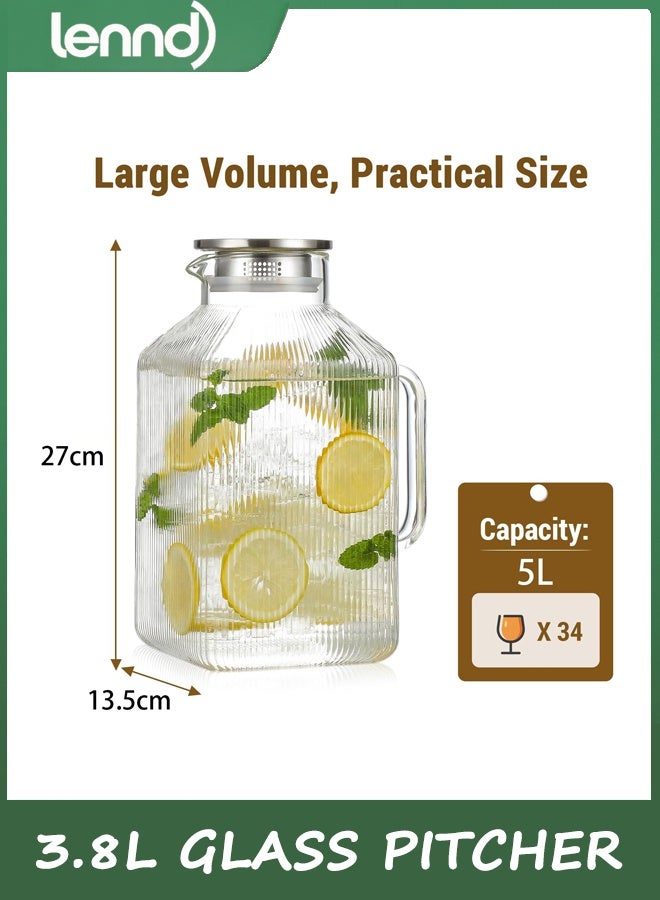 LENND 3.8L thickened Square Glass Pitcher with Lid, Classic Stripes Water Pitchers for Fridge, Borosilicate Glass Carafe for Hot/Cold Brew Drink, Extra Large Jug with Handle for Iced Tea, Coffee, Juice - Image 4