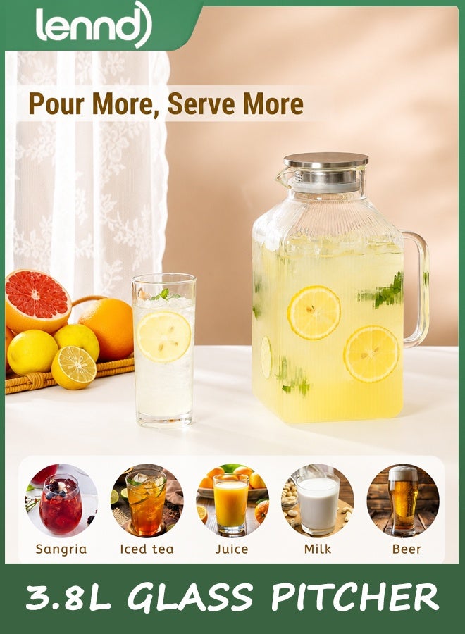 LENND 3.8L thickened Square Glass Pitcher with Lid, Classic Stripes Water Pitchers for Fridge, Borosilicate Glass Carafe for Hot/Cold Brew Drink, Extra Large Jug with Handle for Iced Tea, Coffee, Juice - Image 2