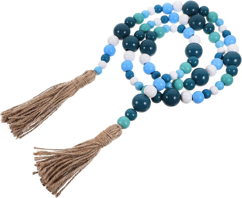 Ocean Breeze Wood Beads Tassel Hanging Decoration Blue Cotton Rope Nautical Home Wall Hanging Ornament for Room and Coastal Decor - Image 1