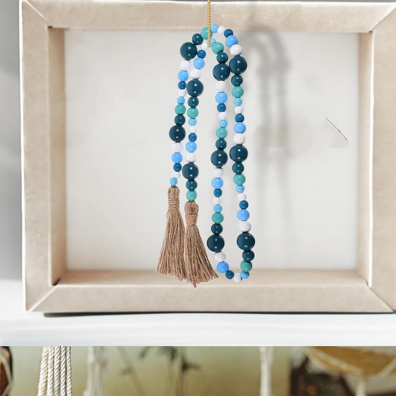 Ocean Breeze Wood Beads Tassel Hanging Decoration Blue Cotton Rope Nautical Home Wall Hanging Ornament for Room and Coastal Decor - Image 4