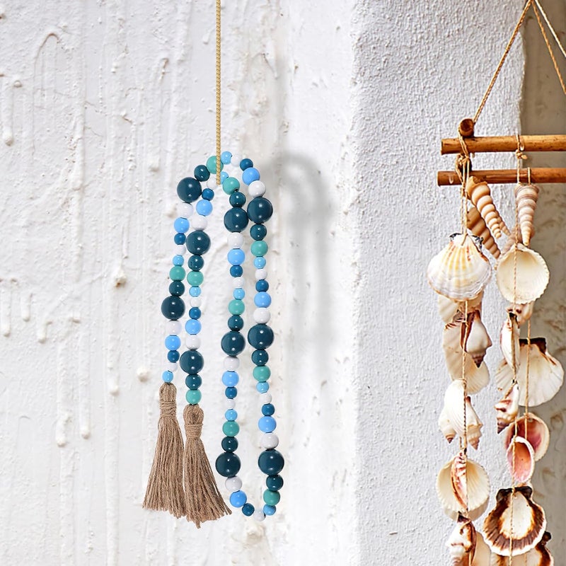 Ocean Breeze Wood Beads Tassel Hanging Decoration Blue Cotton Rope Nautical Home Wall Hanging Ornament for Room and Coastal Decor - Image 5