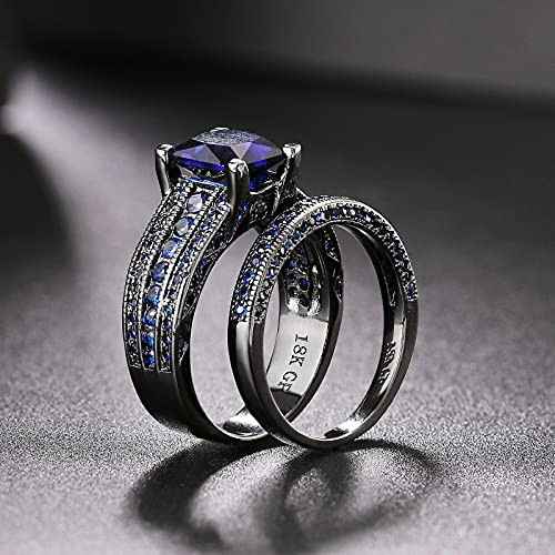 Double Fair Fashion jewelry Black Gold Plated Green Or Blue CZ Eternity Band Ring Set For Her And Him (Black Gold-Blue, 5) - Image 5