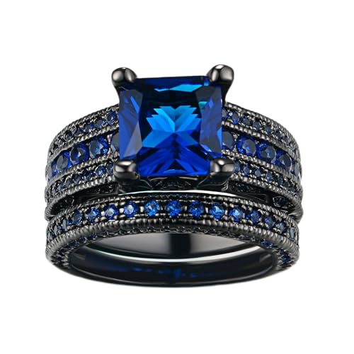 Double Fair Fashion jewelry Black Gold Plated Green Or Blue CZ Eternity Band Ring Set For Her And Him (Black Gold-Blue, 5) - Image 1