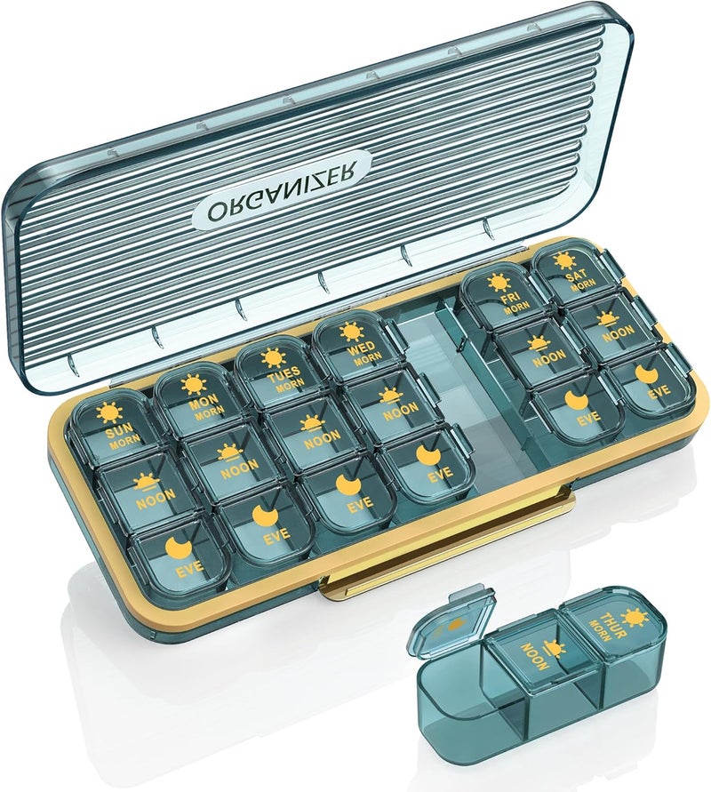 Acedada Pill Organizer 3 Times A Day, 7 Day Pill Box 3 Times A Day - Acedada Weekly Vitamin Box Organizer with 7 Separate Containers, Portable Daily Medicine Planner Case for Vitamin Fish Oil Supplement, Blue 
