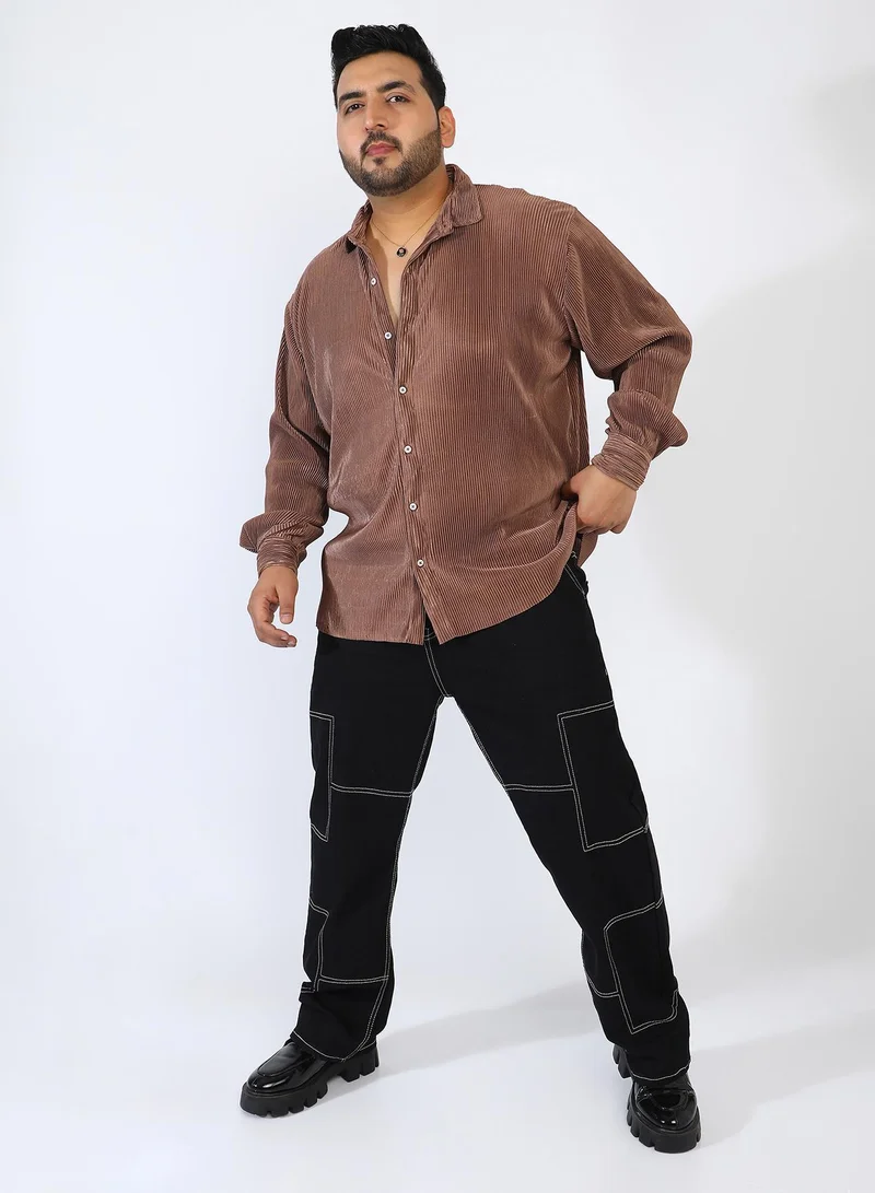 Instafab Plus Men's Mocha Brown Pleat-Creased Shirt