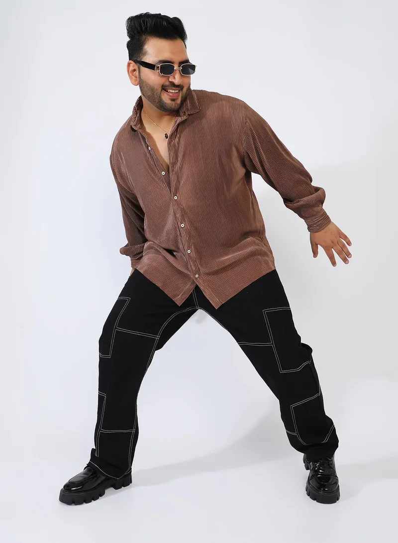 Instafab Plus Men's Mocha Brown Pleat-Creased Shirt