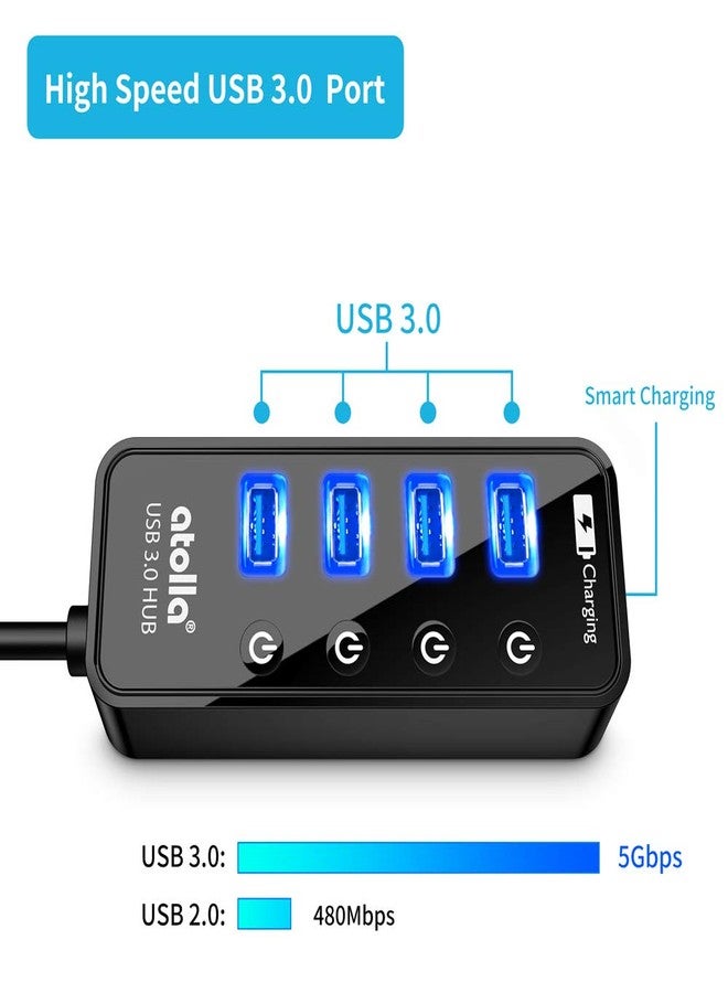 atolla Powered USB Hub, CLHTS 4-Port USB 3.0 Hub with 4 USB 3.0 Data Ports and 1 USB Smart Charging Port, USB Splitter with Individual On/Off Switches and 5V/3A Power Adapter - Image 2