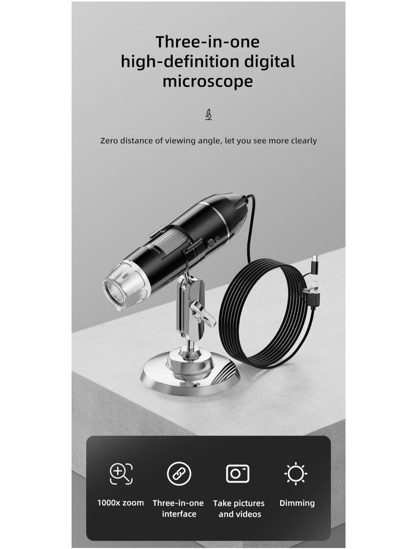 Three In One USB High Definition Digital Microscope , Digital Handheld 500X-1000X 1600X Magnification Endoscope With Mini Video Camera LED Lights